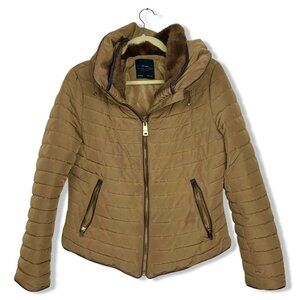 Zara Tan Quilted Puffer Jacket Faux Fur Hood Size L